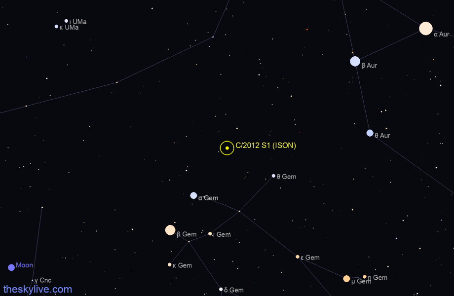 Finder chart of C/2012 S1 (ISON) in Auriga on April,25 2024