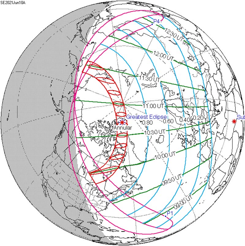 Map of the visibility of the Annular Solar Eclipse of June 10, 2021