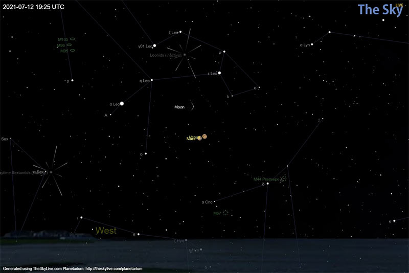 Sky chart of the Venus and Mars conjunction on July 21, 2021