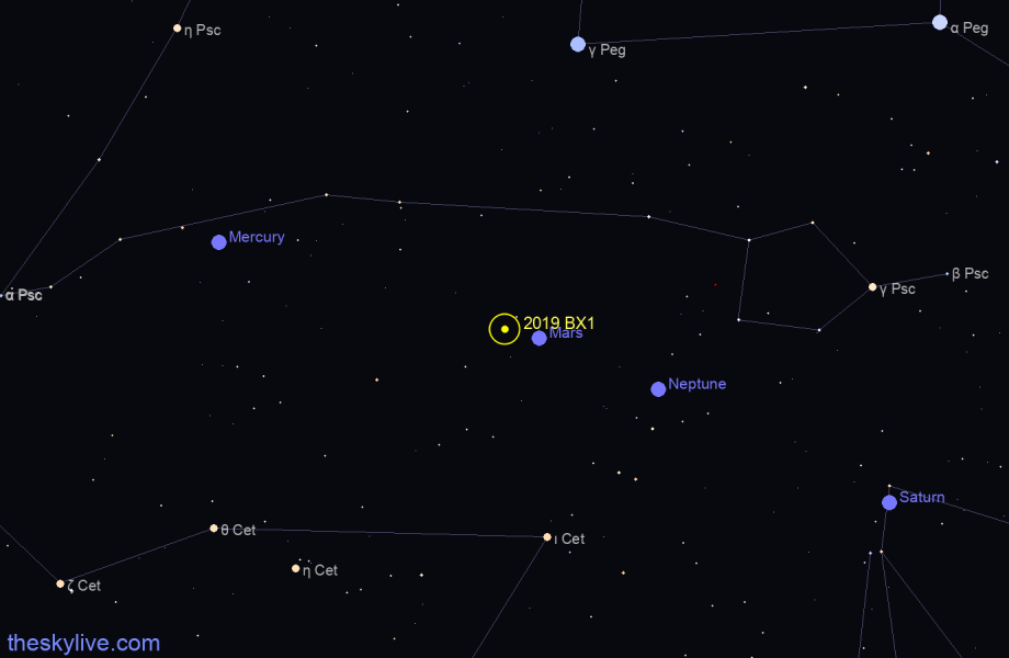 Finder chart of 2019 BX1 in Aries on March,27 2023