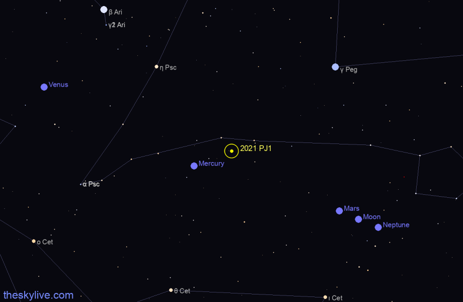 Finder chart of 2021 PJ1 in Taurus on March,29 2023