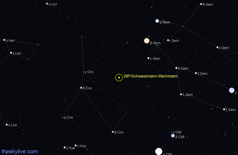 Finder chart of 29P/Schwassmann-Wachmann 1 in Auriga on June,30 2022