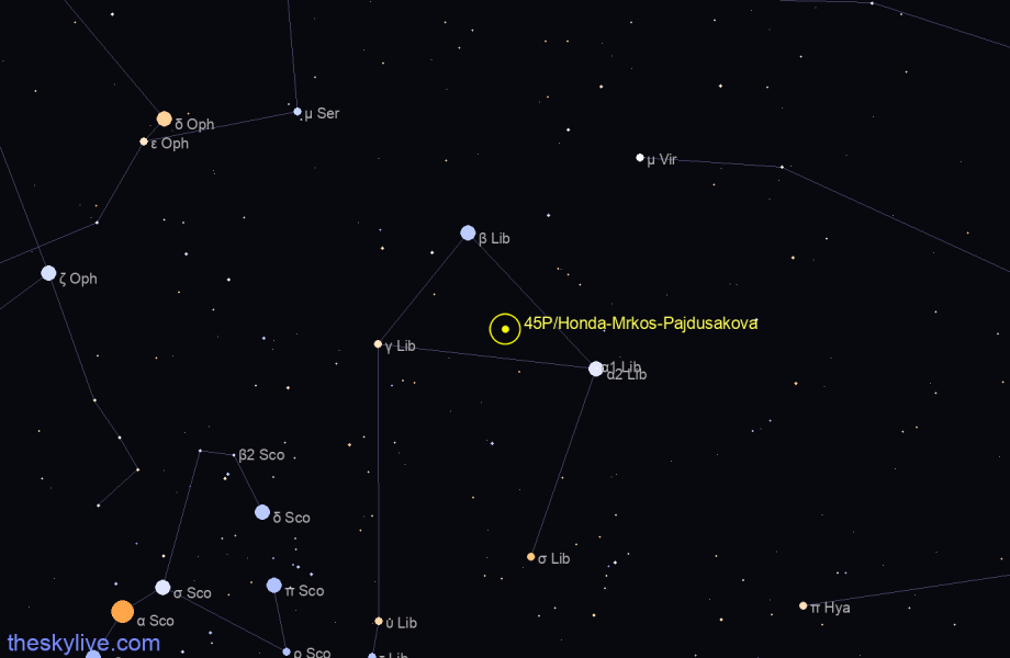 Finder chart of 45P/Honda-Mrkos-Pajdusakova in Gemini on May,26 2022