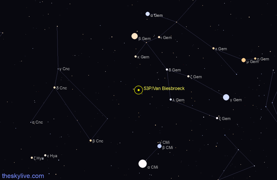 Finder chart of 53P/Van Biesbroeck in Gemini on March,27 2023