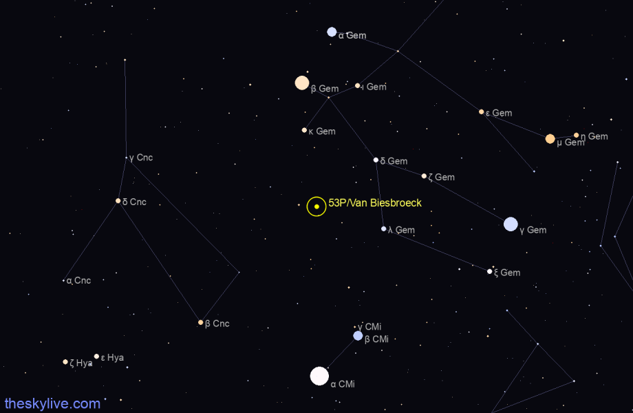 Finder chart of 53P/Van Biesbroeck in Gemini on June,05 2023