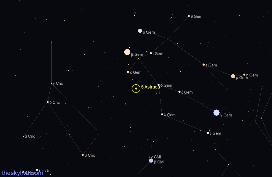 Finder chart of 5 Astraea in Aquarius on October,02 2022