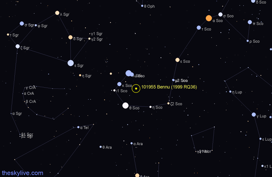 Finder chart of 101955 Bennu (1999 RQ36) in Taurus on July,02 2022