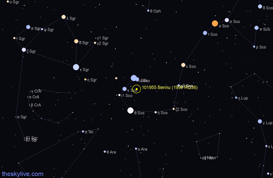 Finder chart of 101955 Bennu (1999 RQ36) in Aquarius on June,04 2023