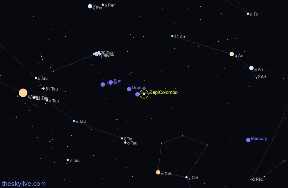 Finder chart of BepiColombo in Cetus on April,27 2024