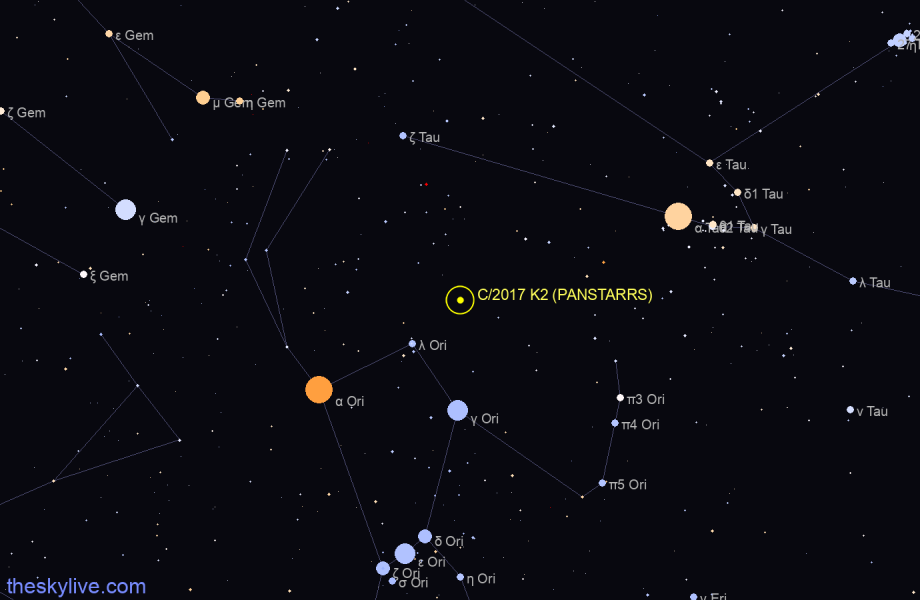 Finder chart of C/2017 K2 (PANSTARRS) in Monoceros on October,01 2023