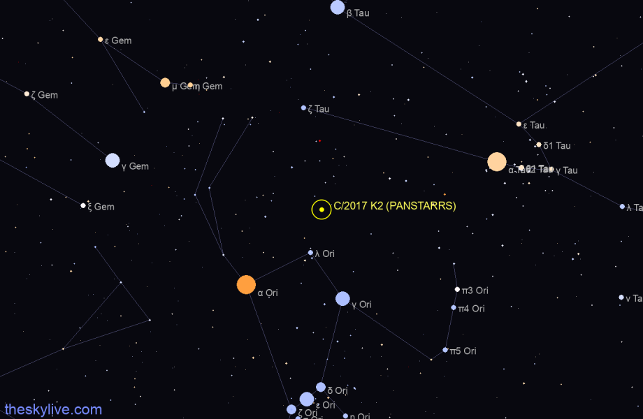 Finder chart of C/2017 K2 (PANSTARRS) in Orion on April,26 2024