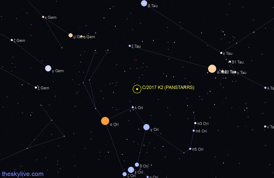 Finder chart of C/2017 K2 (PANSTARRS) in Orion on April,27 2024