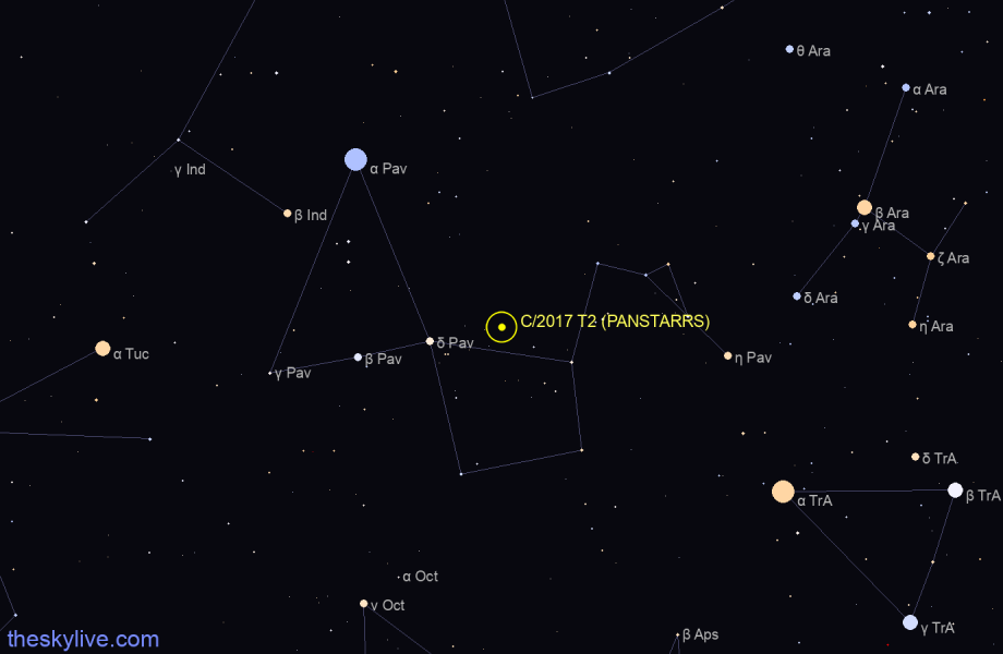 Finder chart of C/2017 T2 (PANSTARRS) in Pavo on April,27 2024