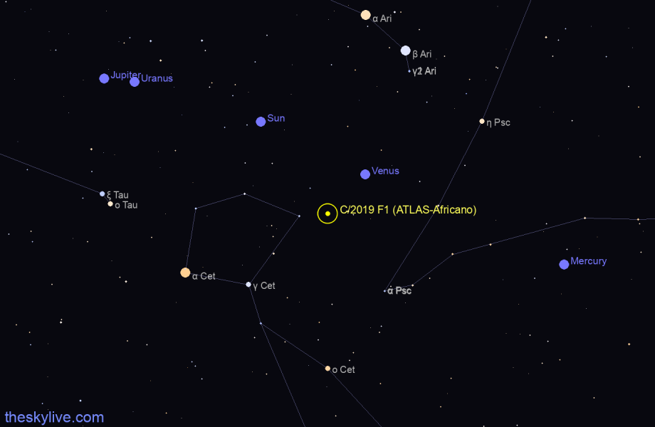 Finder chart of C/2019 F1 (ATLAS-Africano) in Fornax on August,18 2022