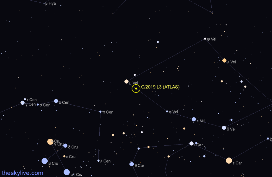Finder chart of C/2019 L3 (ATLAS) in Antlia on February,05 2023