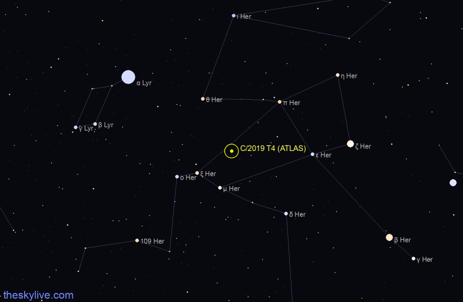 Finder chart of C/2019 T4 (ATLAS) in Hercules on April,27 2024