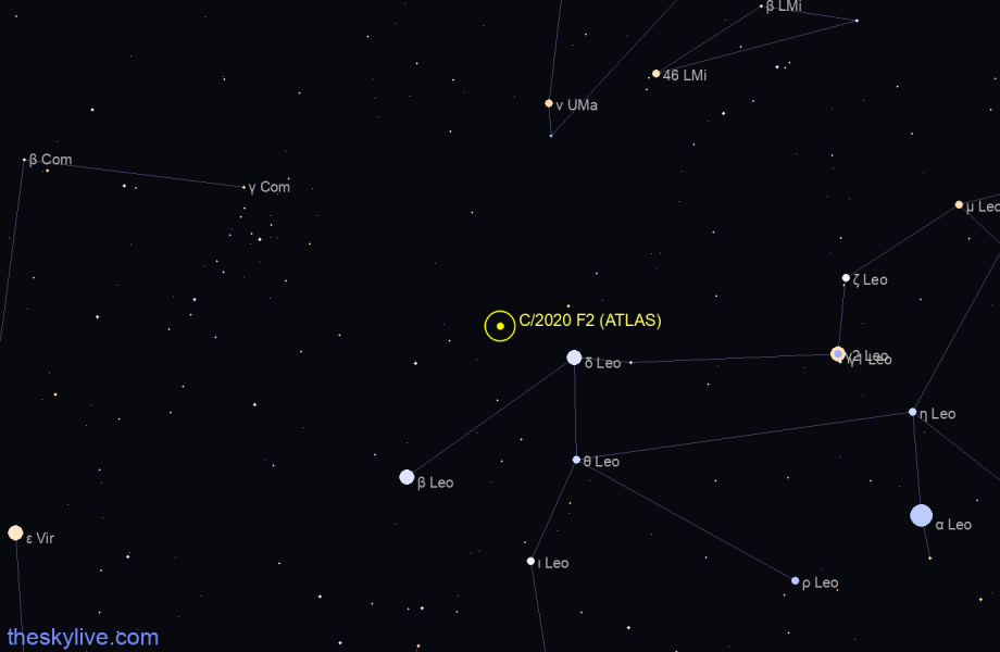 Finder chart of C/2020 F2 (ATLAS) in Virgo on December,03 2023