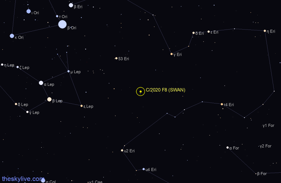 Finder chart of C/2020 F8 (SWAN) in Eridanus on April,27 2024