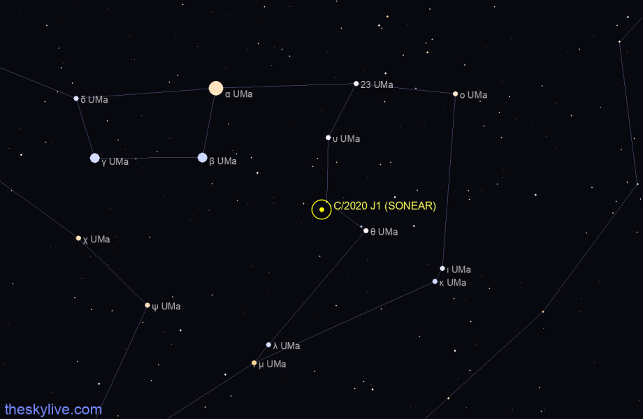 Finder chart of C/2020 J1 (SONEAR) in Ursa Major on July,07 2022