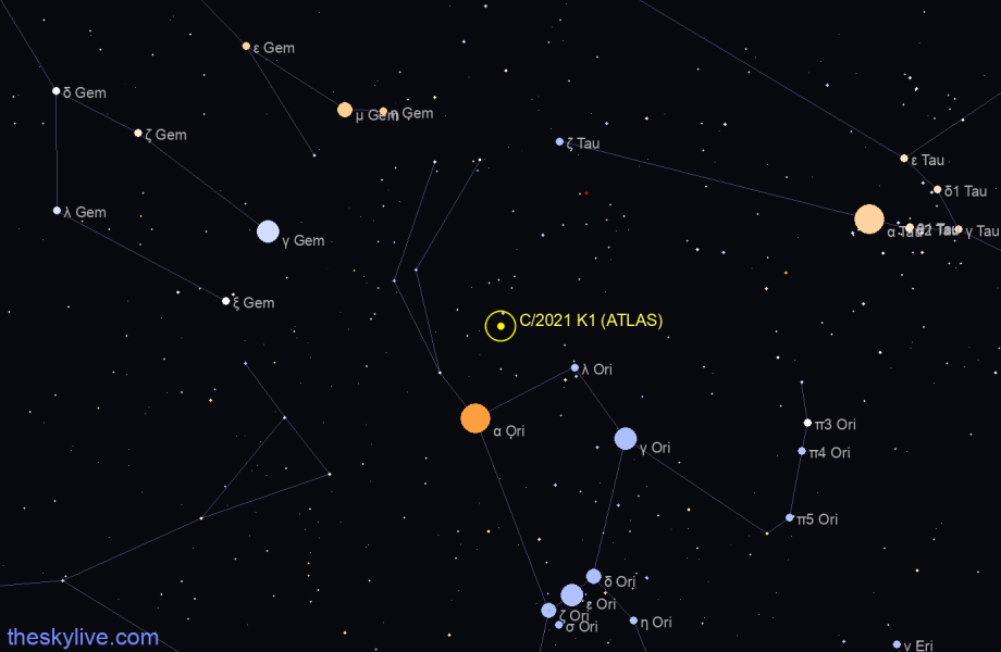 Finder chart of C/2021 K1 (ATLAS) in Taurus on March,28 2023