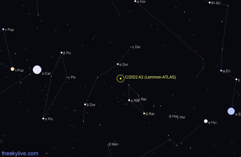 Finder chart of C/2022 A3 (Lemmon-ATLAS) in Reticulum on April,25 2024