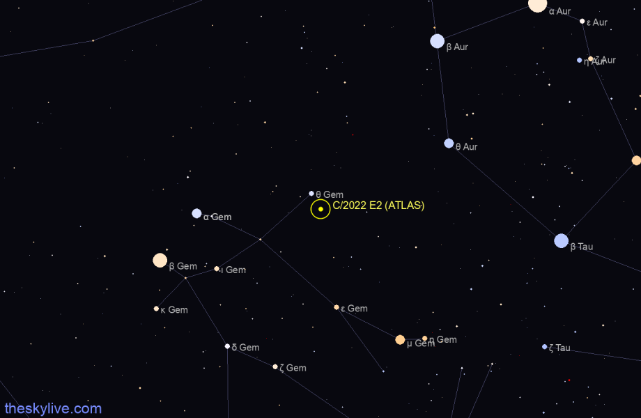 Finder chart of C/2022 E2 (ATLAS) in Gemini on February,23 2024