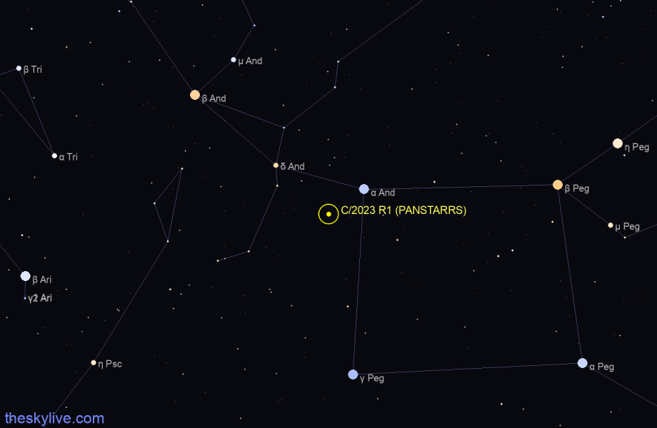 Finder chart of C/2023 R1 (PANSTARRS) in Andromeda on April,27 2024