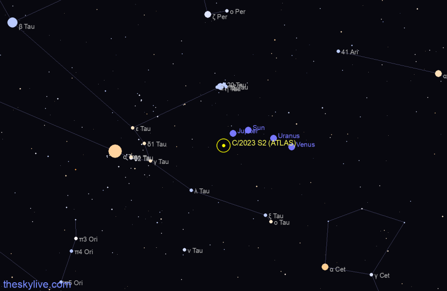 Finder chart of C/2023 S2 (ATLAS) in Aries on April,27 2024
