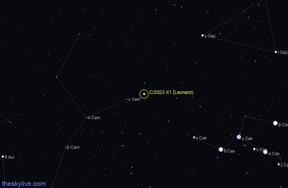 Finder chart of C/2023 X1 (Leonard) in Cassiopeia on April,27 2024