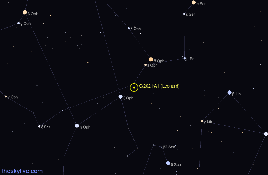 Finder chart of C/2021 A1 (Leonard) in Ophiucus on April,27 2024