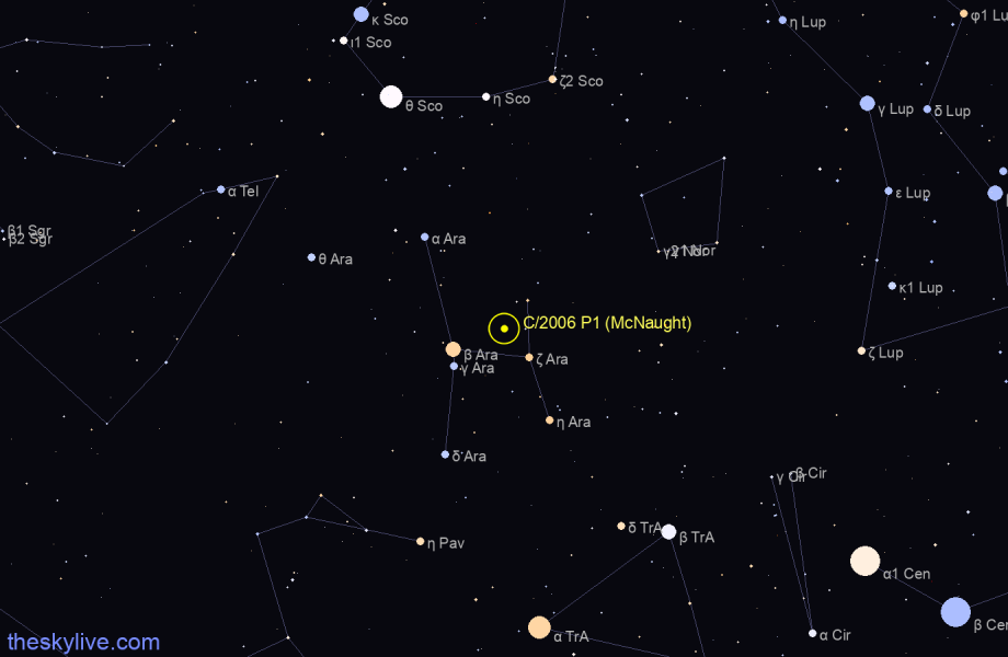 Finder chart of C/2006 P1 (McNaught) in Ara on June,26 2022