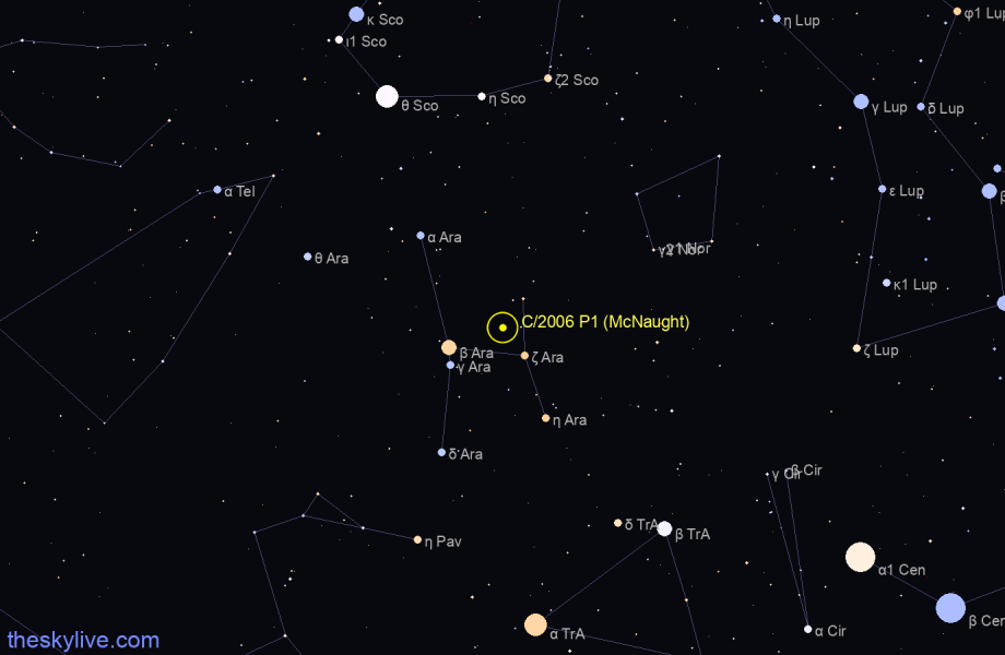 Finder chart of C/2006 P1 (McNaught) in Ara on May,28 2023
