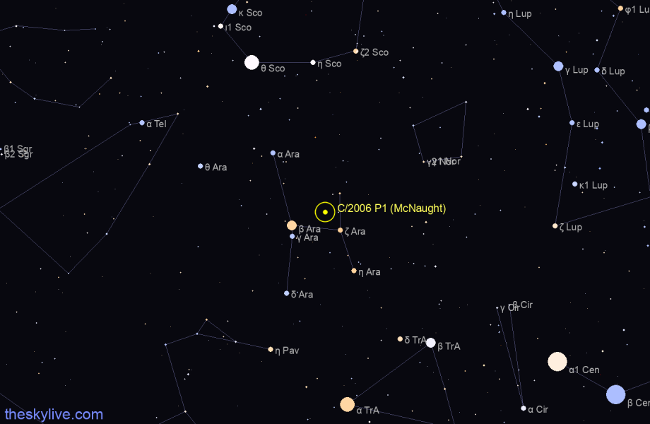 Finder chart of C/2006 P1 (McNaught) in Ara on December,05 2023