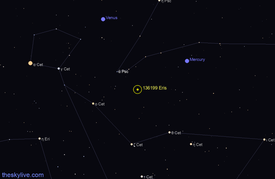 Finder chart of 136199 Eris in Cetus on October,01 2023