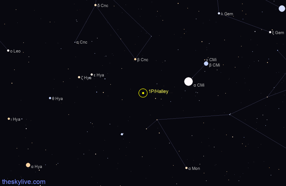 Finder chart of Halley's Comet in Hydra on February,04 2023