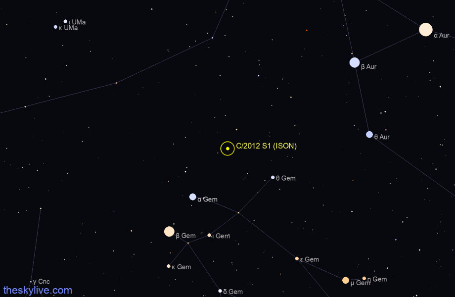 Finder chart of C/2012 S1 (ISON) in Auriga on January,18 2022