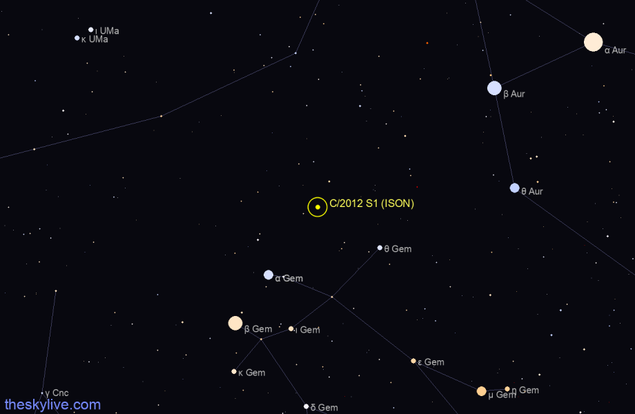 Finder chart of C/2012 S1 (ISON) in Auriga on June,08 2023