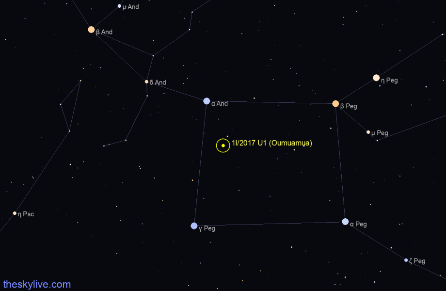 Finder chart of 1I/2017 U1 (Oumuamua) in Pegasus on October,01 2023