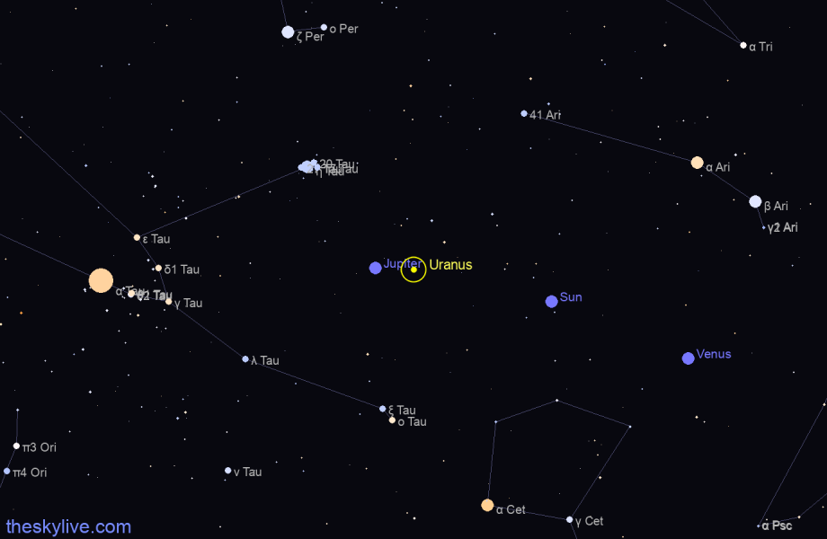 Finder chart of Uranus in Aries on June,10 2023