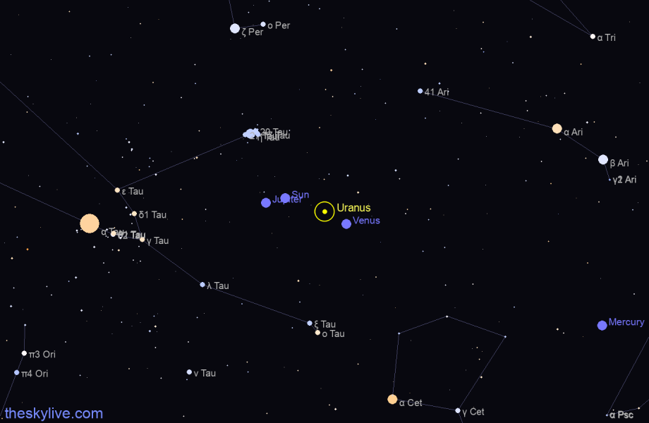 Finder chart of Uranus in Aries on April,27 2024