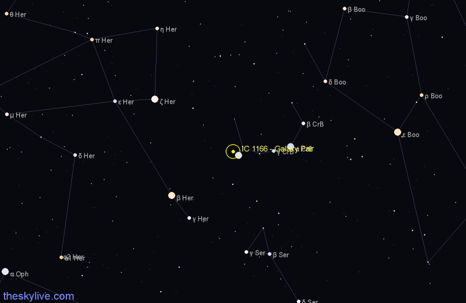 Finder chart IC 1166 - Galaxy Pair in Corona Borealis star