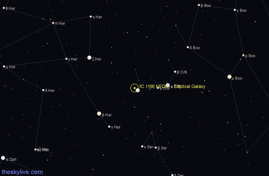 Finder chart IC 1166 NED01 - Elliptical Galaxy in Corona Borealis star