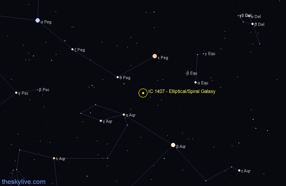 Finder chart IC 1407 - Elliptical/Spiral Galaxy in Pegasus star