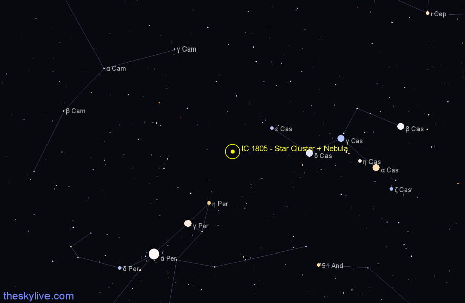 Finder chart IC 1805 - Star Cluster + Nebula in Cassiopeia star