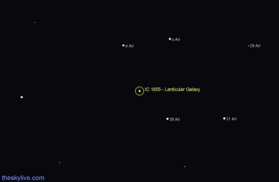 Finder chart IC 1855 - Lenticular Galaxy in Aries star