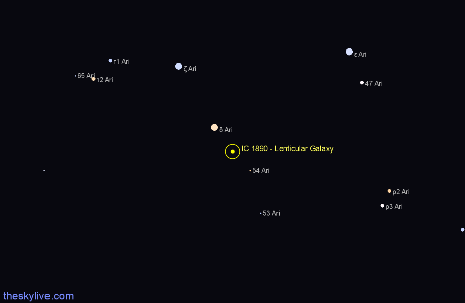 Finder chart IC 1890 - Lenticular Galaxy in Aries star