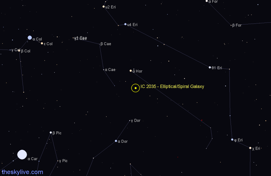 Finder chart IC 2035 - Elliptical/Spiral Galaxy in Horologium star