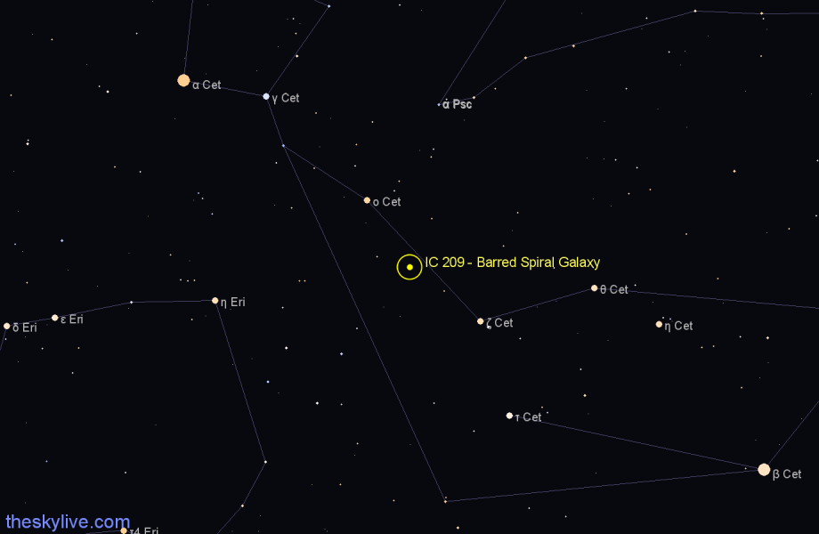 Finder chart IC 209 - Barred Spiral Galaxy in Cetus star