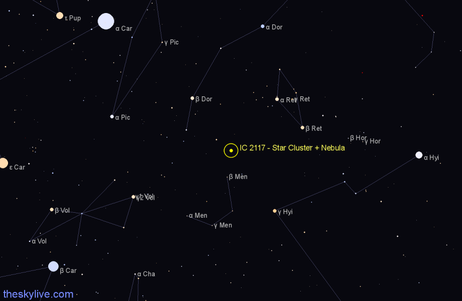 Finder chart IC 2117 - Star Cluster + Nebula in Dorado star