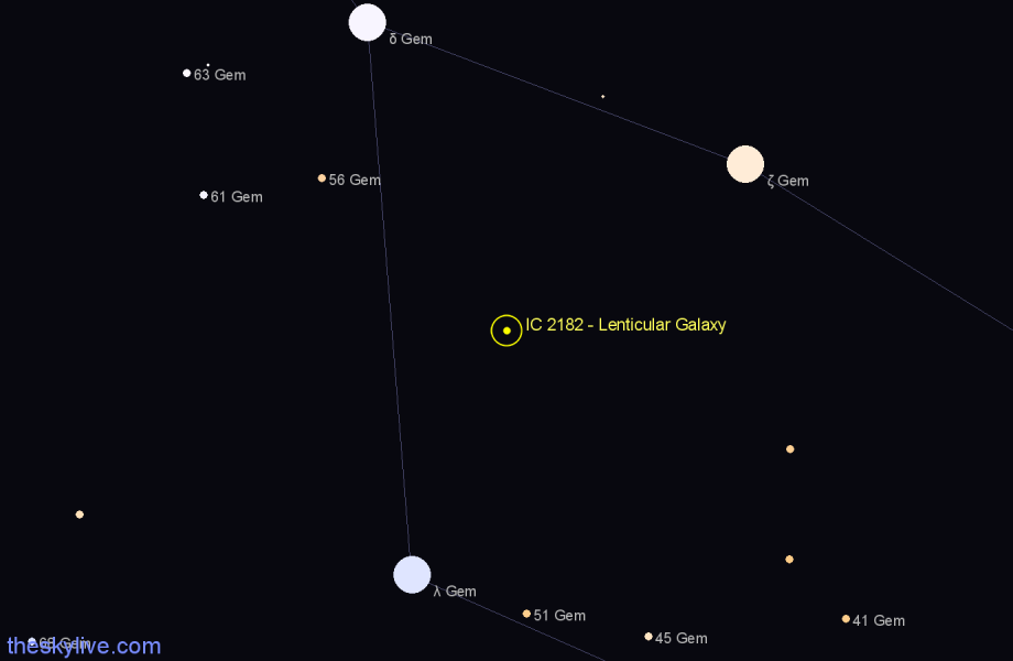 Finder chart IC 2182 - Lenticular Galaxy in Gemini star